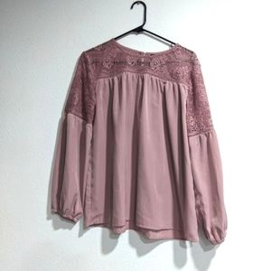 Luna Rae Rose Pink Lace Collar/Sleeve  Long Sleeve Blouse Women's Large